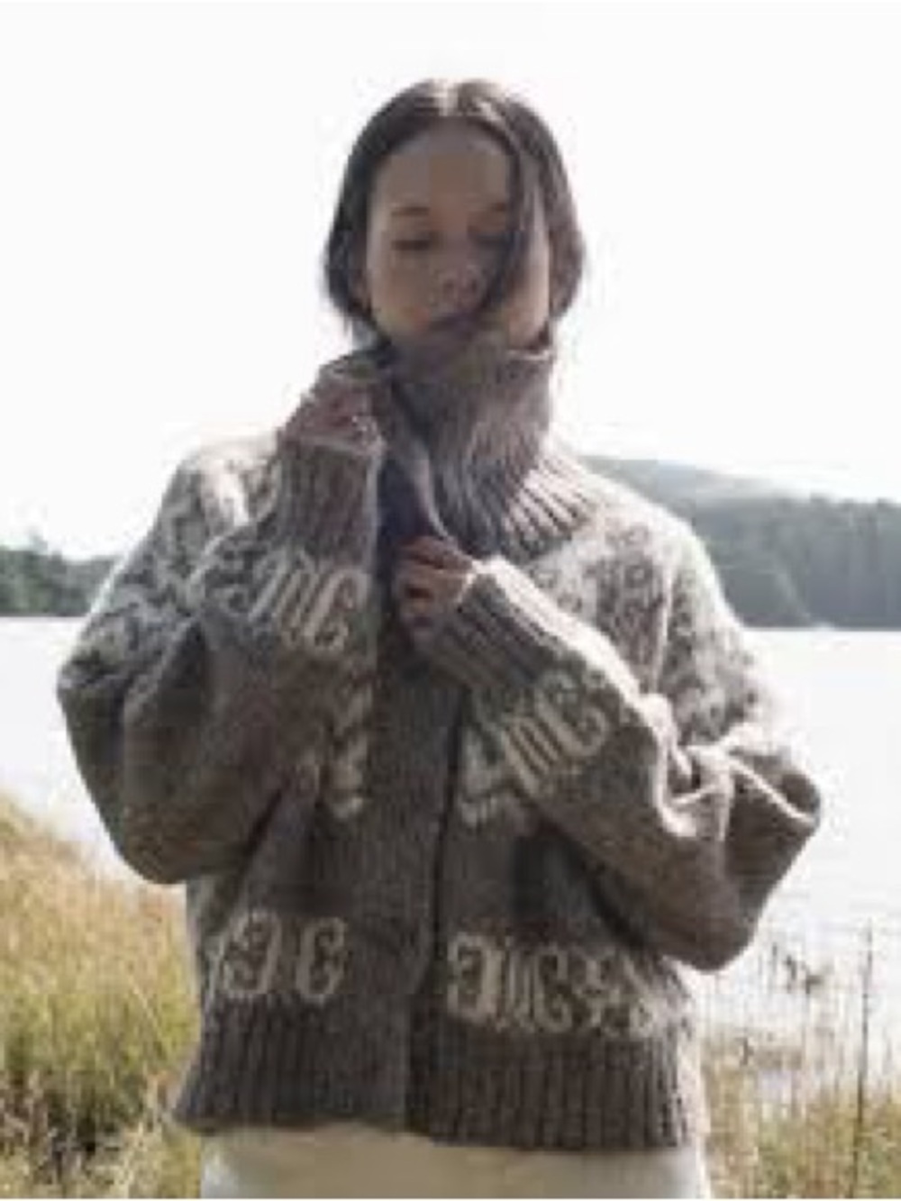 OZMA Chunky Knit Turtleneck Cardigan in Taupe and Ivory